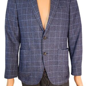 Ibiza Plaid SportsCoat Size 38S Men Blue Black Wool Cotton Blend Blazer
